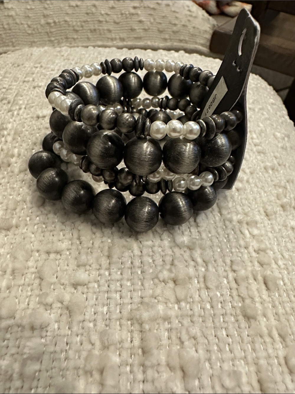 Pearl & Brushed Metal Multi-Strand Stretch Bracelet - Black